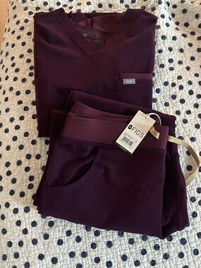 Figs Women's Kade Cargo Pants in Deep Plum and Two Tone Scrub Top